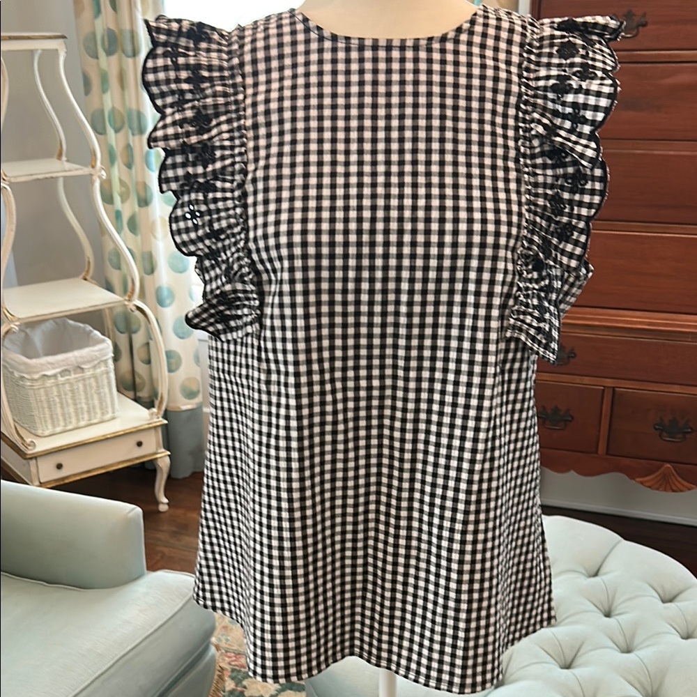 Black and White Gingham Ruffle Sleeve Top